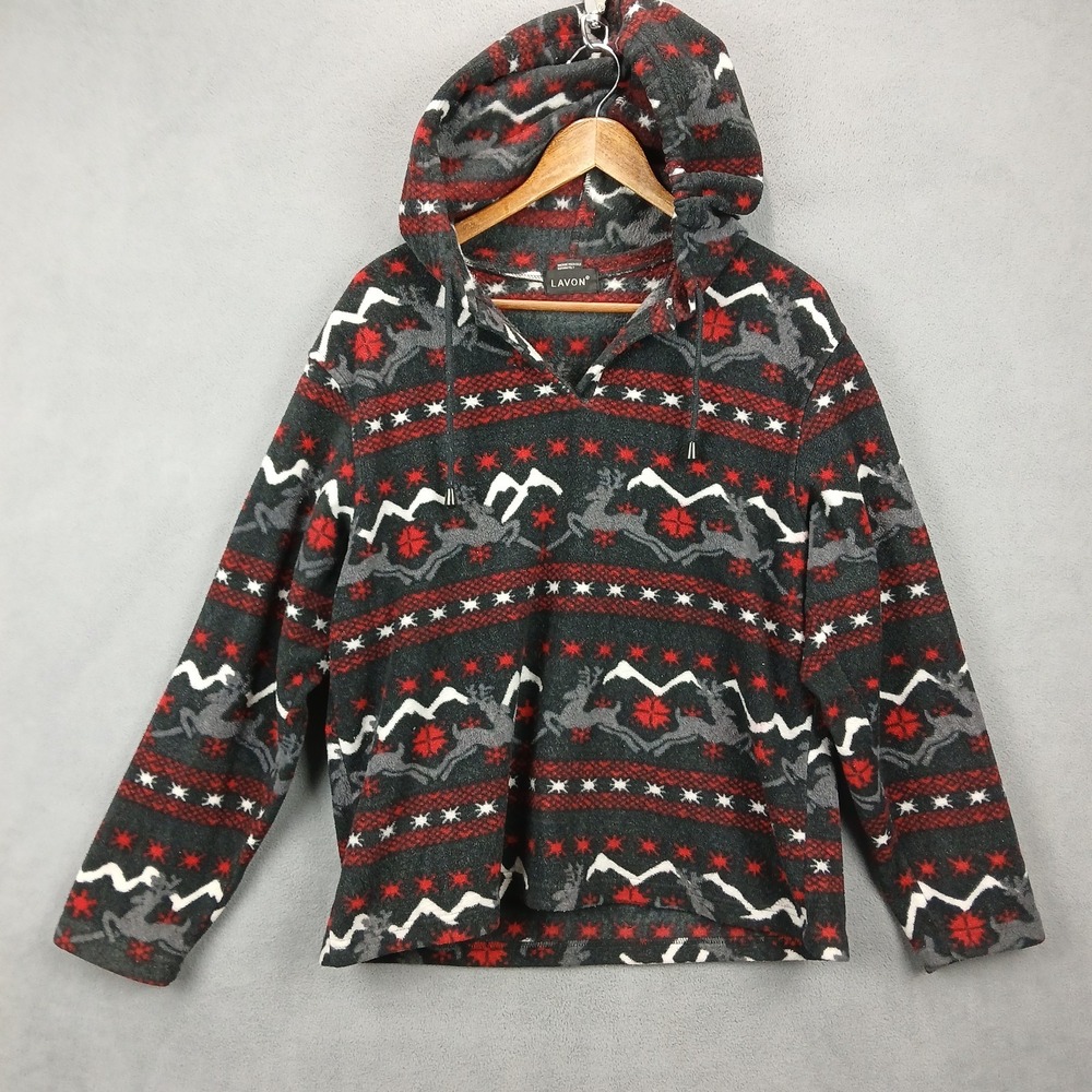 Lavon Fleece Hoodie Womens Large Multicolor Reindeer‎ Print Soft Cozy V Neck